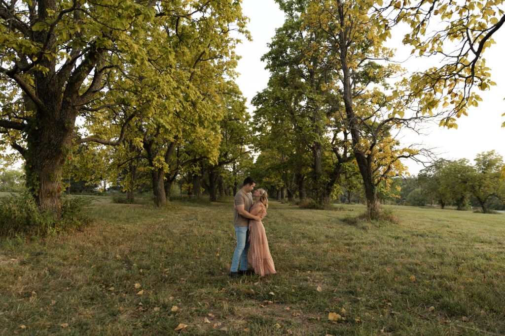 Romantic Engaged Couple at Shawnee Mission Park in Kansas City. 