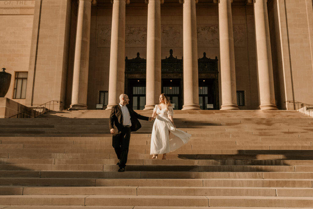 Sunset engagement photography session at the Nelson-Atkins Museum in Kansas City.